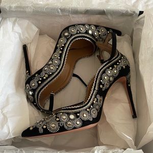 Aquazzura Jaihpur Black Embellished Suede Heels Size 38! NEW IN BOX! Beautiful!